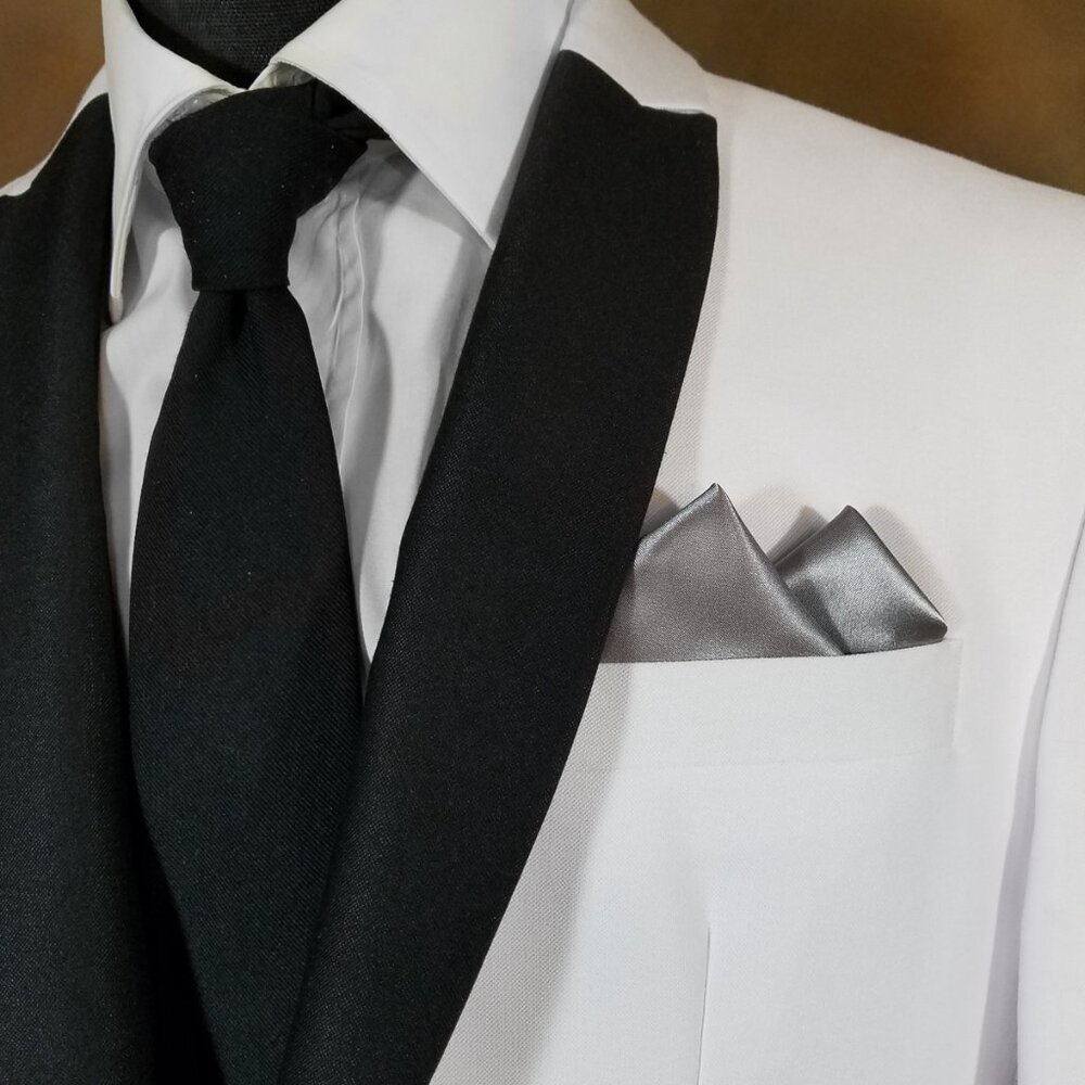 New - Men's 2 Point Charcoal Grey Satin Pre-Folded Pocket Square Insert